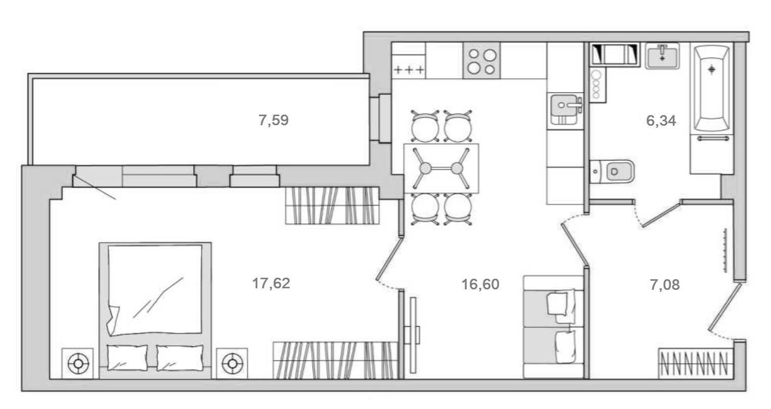 2Е-комнатная, 51.44 м²– 2