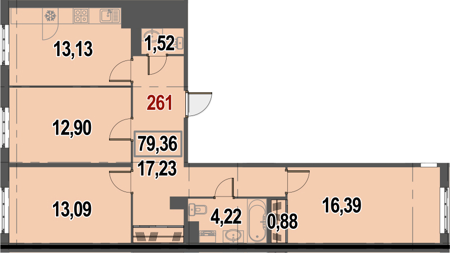 3-комнатная, 79.36 м²– 2