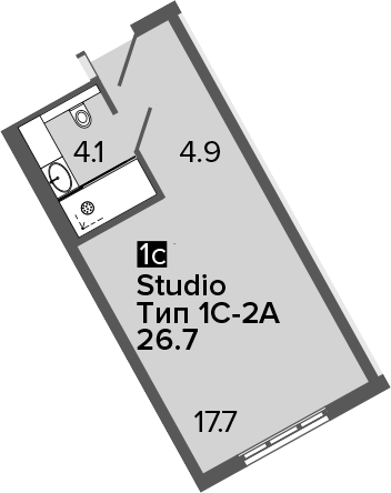 Студия, 26.7 м²– 2