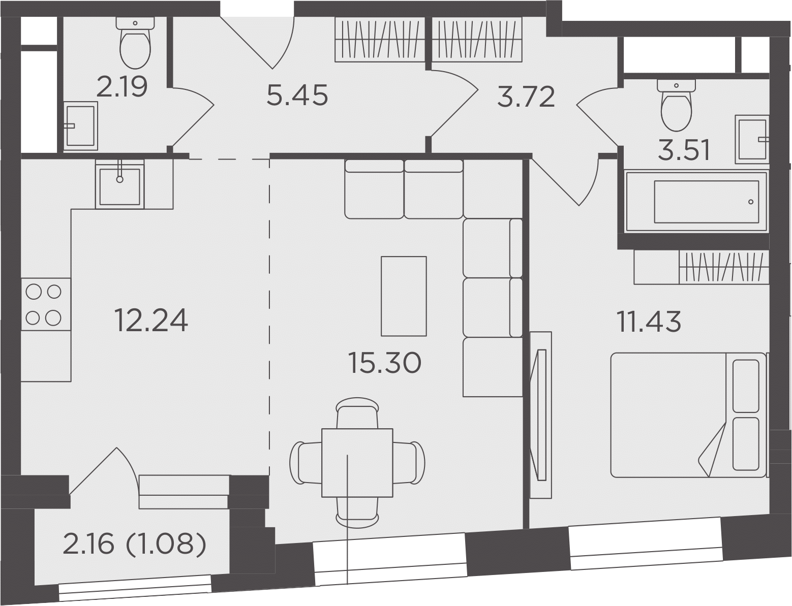 2Е-комнатная, 54.92 м²– 2