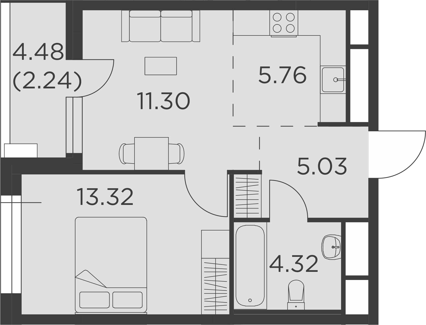 2Е-комнатная, 41.97 м²– 2