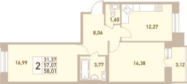 2-комнатная, 58.01 м²– 2