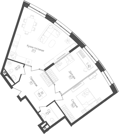 3Е-комнатная, 77.5 м²– 2