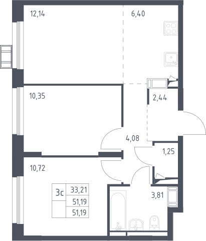3Е-к.кв, 51.19 м², 15 этаж