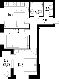 2-комнатная, 56 м²– 2