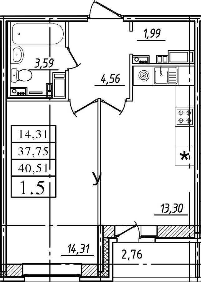 1-комнатная, 37.75 м²– 2