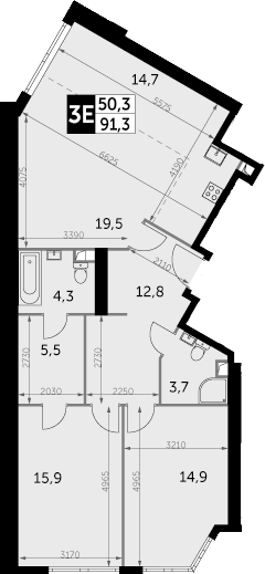 3Е-к.кв, 91.3 м², 30 этаж