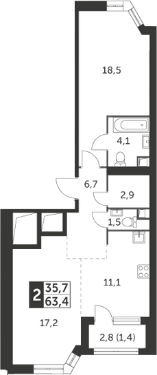 2-комнатная, 63.4 м²– 2