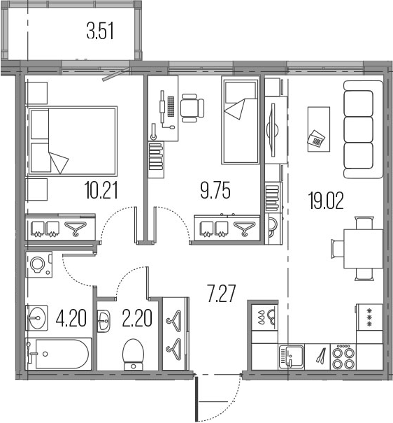 3Е-комнатная, 52.65 м²– 2