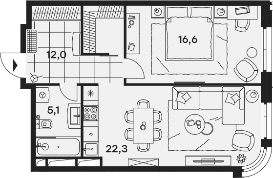 2Е-комнатная, 56 м²– 2