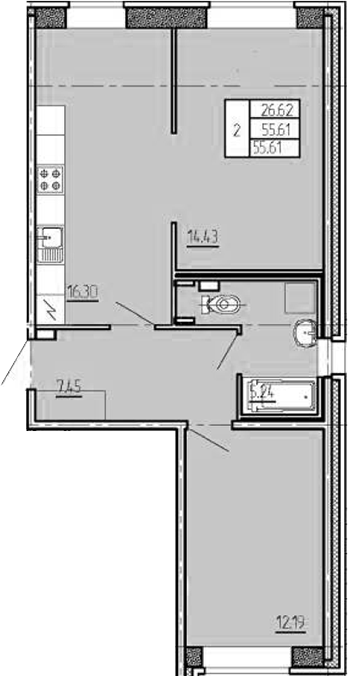 3Е-комнатная, 55.61 м²– 2