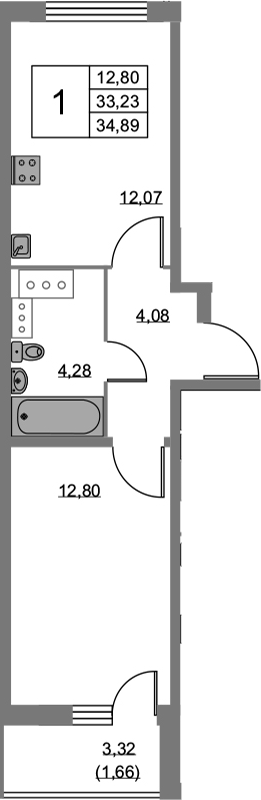 1-комнатная, 34.89 м²– 2