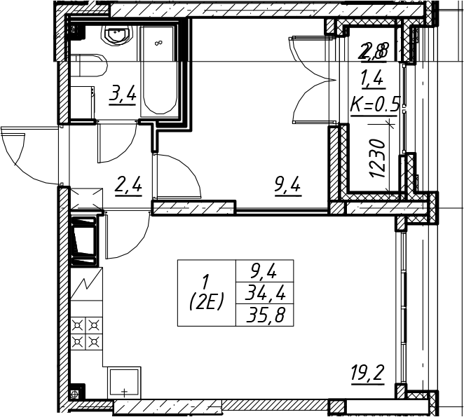 2Е-к.кв, 35.8 м², 21 этаж