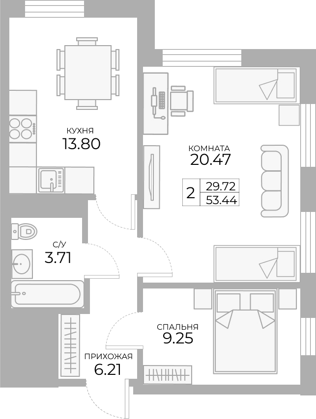 2-комнатная, 53.44 м²– 2