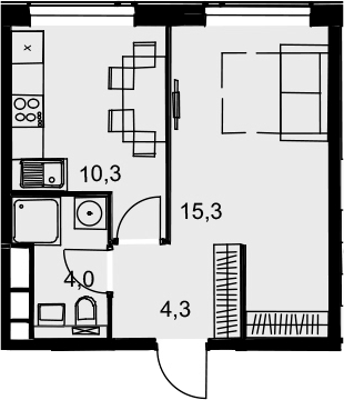 1-комнатная, 33.9 м²– 2