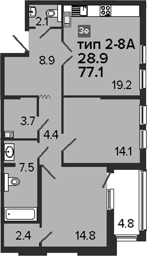 3Е-комнатная, 77.1 м²– 2