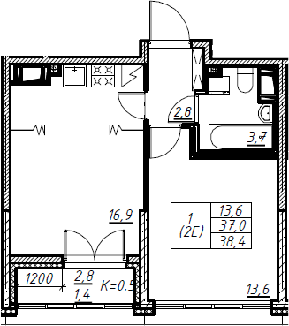 2Е-к.кв, 38.4 м², 8 этаж