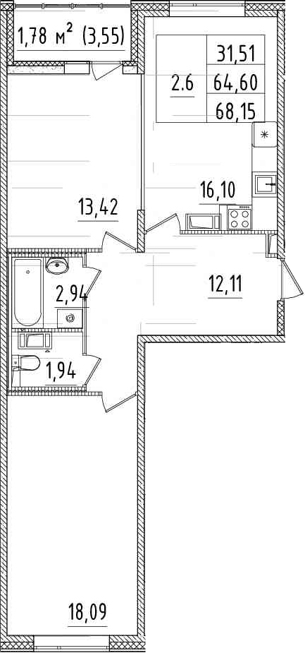 3Е-комнатная, 64.6 м²– 2