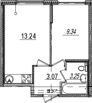 2Е-комнатная, 28.9 м²– 2