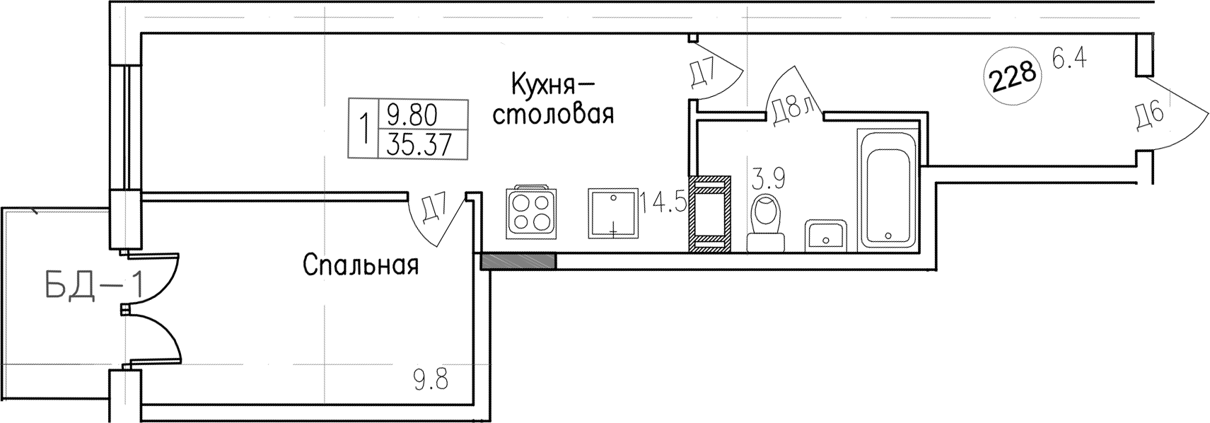 1-комнатная, 35.37 м²– 2