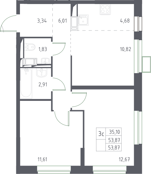 3Е-комнатная, 53.87 м²– 2