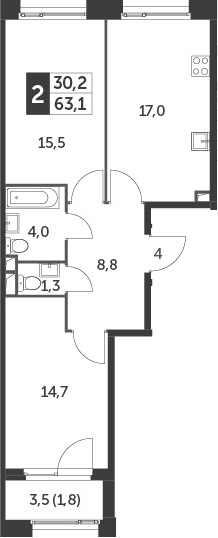 3Е-комнатная, 63.1 м²– 2