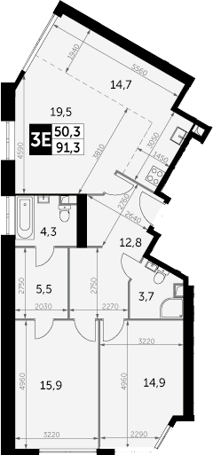 3Е-к.кв, 91.3 м², 45 этаж