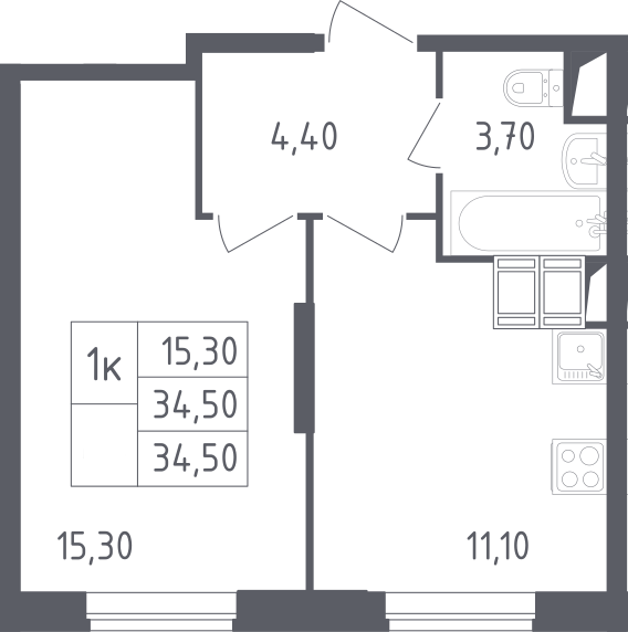 1-комнатная, 34.5 м²– 2