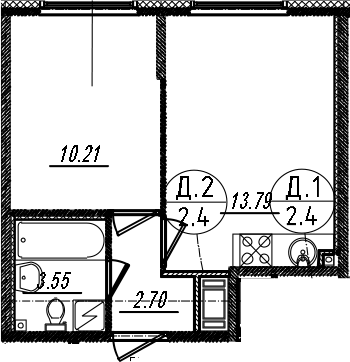 2Е-комнатная, 30.25 м²– 2