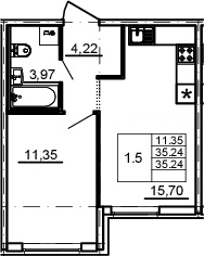 2Е-комнатная, 35.24 м²– 2