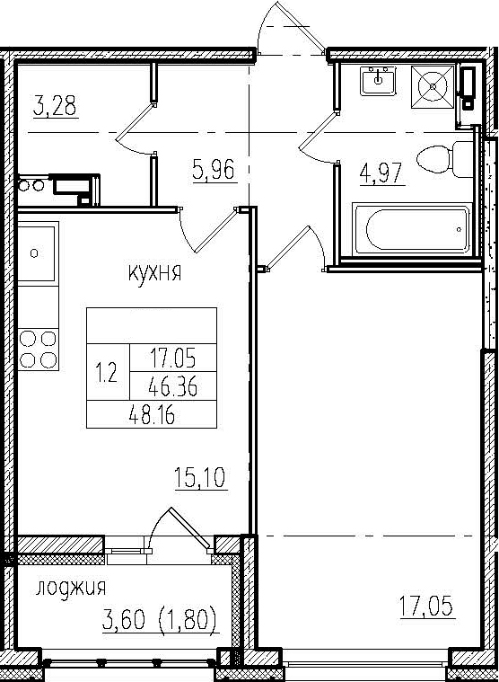 2Е-к.кв, 48.16 м², 3 этаж