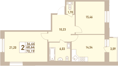 2-комнатная, 70.19 м²– 2