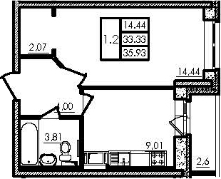 1-к.кв, 34.63 м², 3 этаж