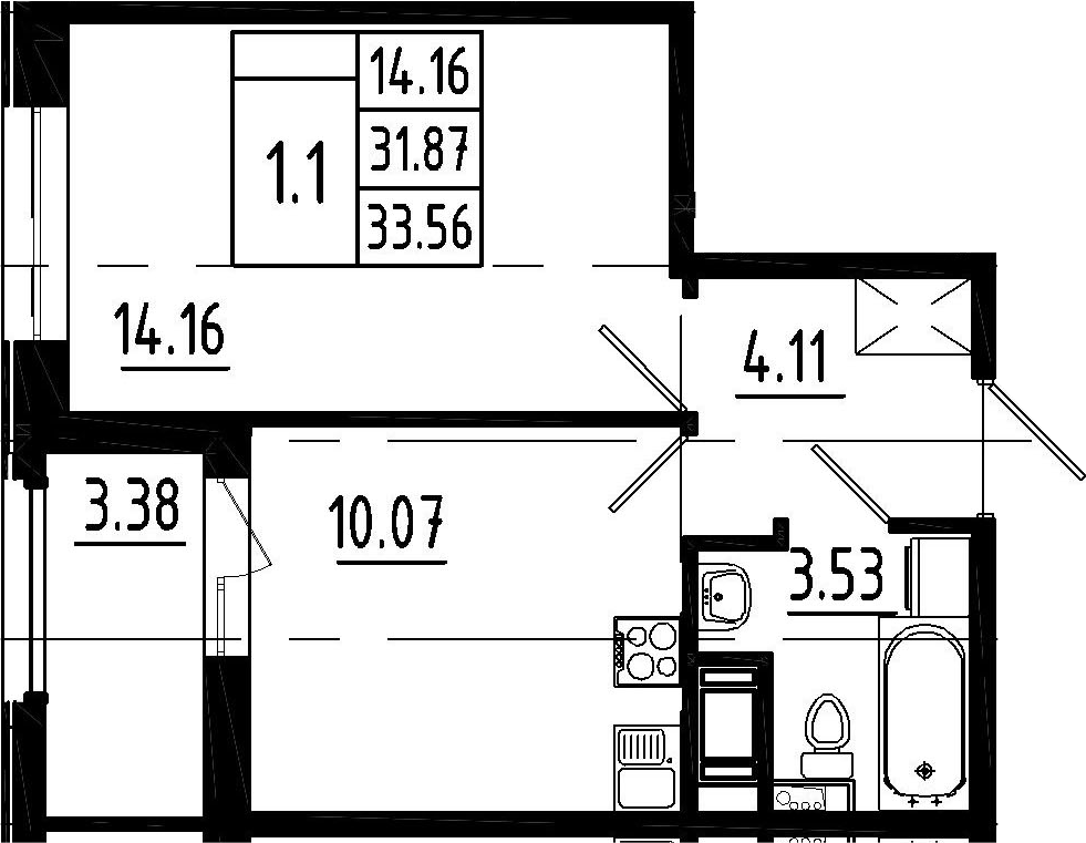 1-комнатная, 31.87 м²– 2