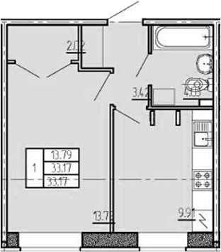 1-комнатная, 33.17 м²– 2