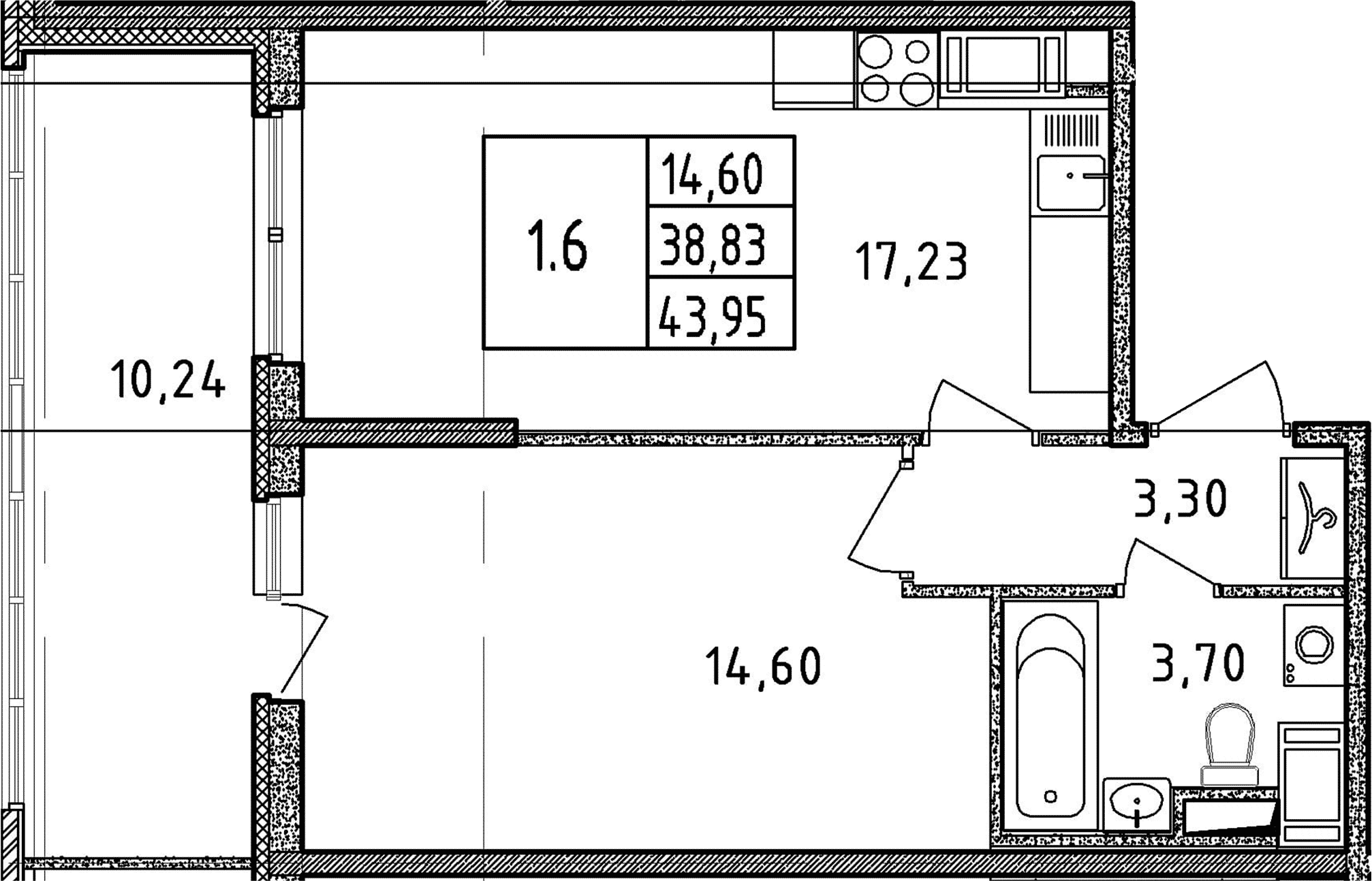 2Е-комнатная, 38.83 м²– 2