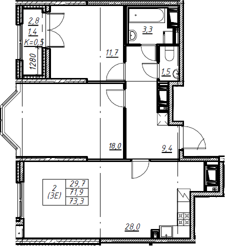 3Е-комнатная, 73.3 м²– 2