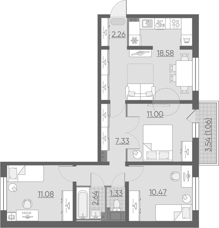 4Е-комнатная, 65.75 м²– 2