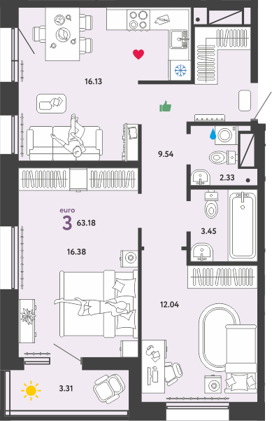 3Е-комнатная, 63.18 м²– 2