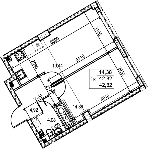 1-комнатная квартира, 42.82 м², 2 этаж – Планировка
