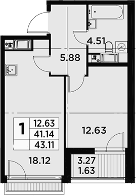 2Е-комнатная, 43.11 м²– 2