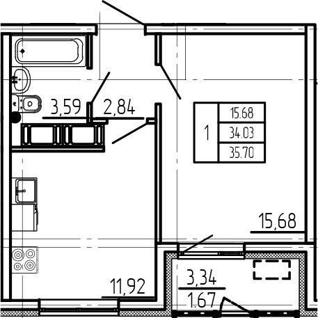 1-комнатная, 35.67 м²– 2