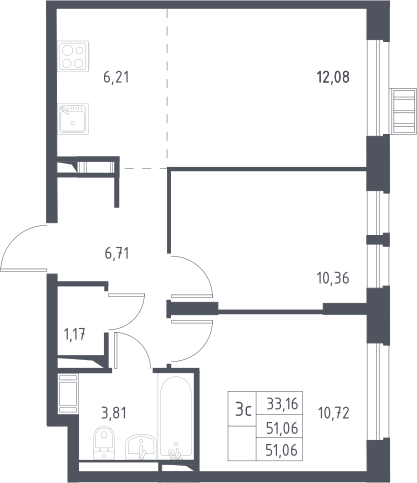 3Е-комнатная, 51.06 м²– 2