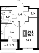 1-комнатная, 36.4 м²– 2