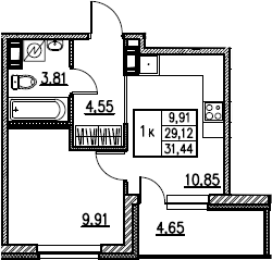 2Е-комнатная, 31.44 м²– 2