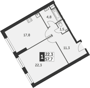 1-комнатная, 57.7 м²– 2