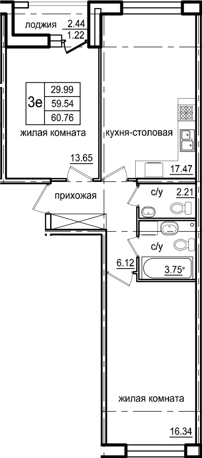 3Е-к.кв, 60.76 м²