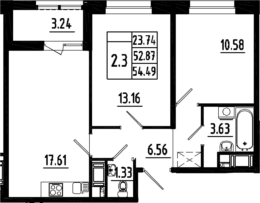 3Е-комнатная, 52.87 м²– 2
