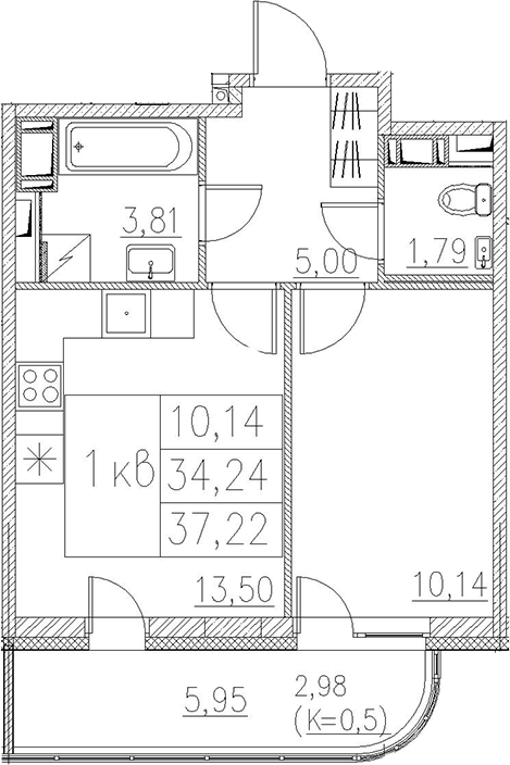 2Е-комнатная, 37.22 м²– 2