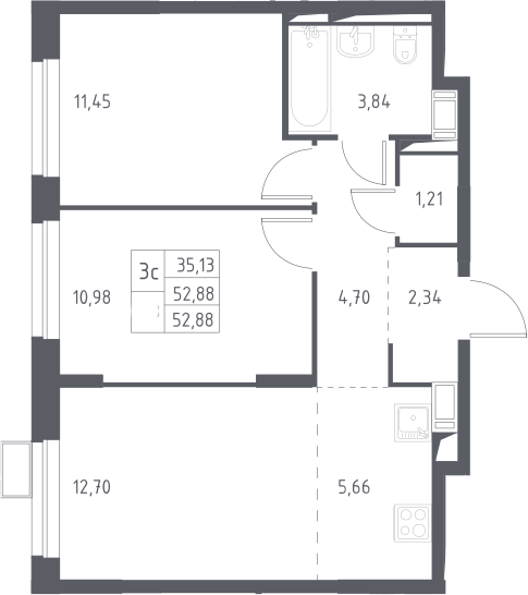 3Е-к.кв, 52.88 м², 13 этаж